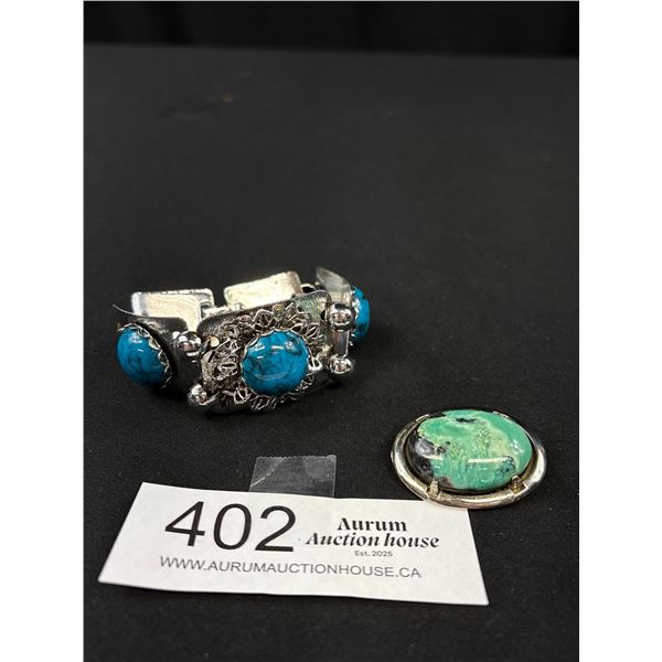 Silver Plated Turqouise Bracelet + Brooch