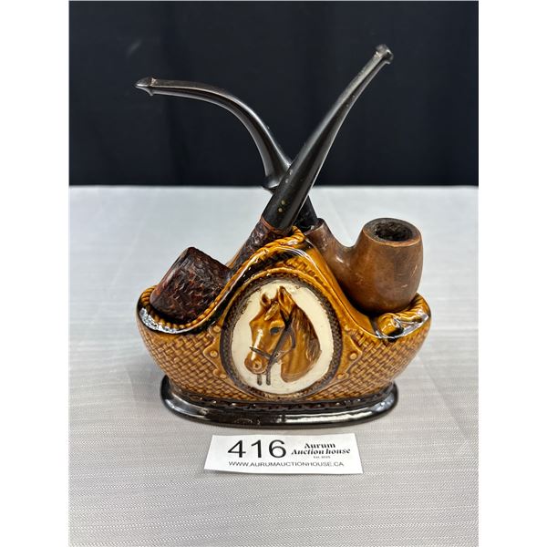 Vintage Cermaic Pipe Rest w/ 2 Pipes