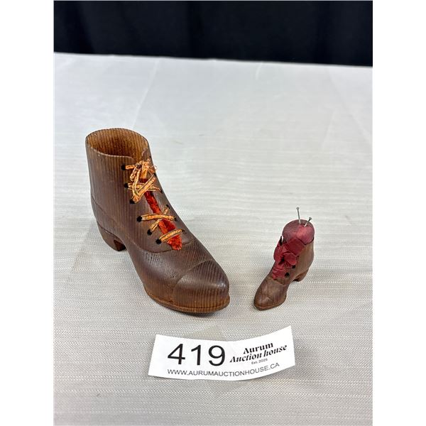 Vintage Hand Carved Wood Shoe and Tiny Carved Shoe Pin Cushion