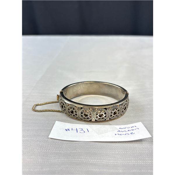 Vintage Star Bangle Silver Bracelet w/ Safety Chain