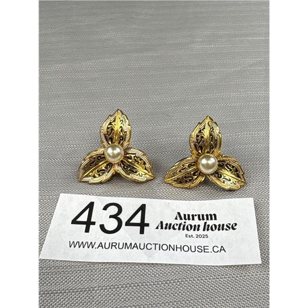 Vintage Gold Black Enamel Pearl Earrings Antique