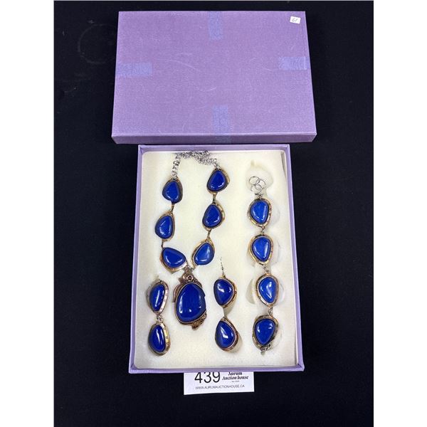 Vintage Genuine Lapis Color Stone Necklace Bracelet Earrings Set