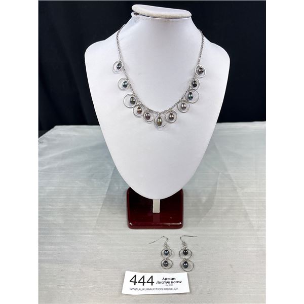 Vintage Genuine White Gold Plated Genuine Black Pearl Necklace Earrings