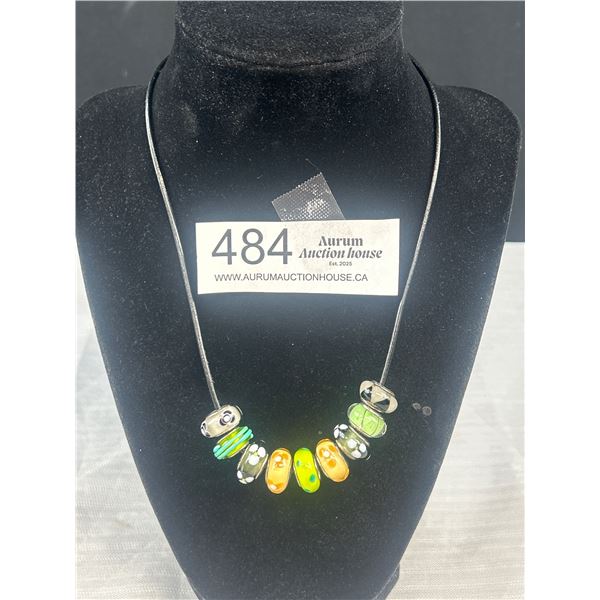 Pandora ALE Leather Cord Necklace w/ 9 Murano Glass Charms