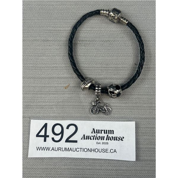 Pandora ALE Black Leather Bracelet (Small 2") and 3 Sports Charms