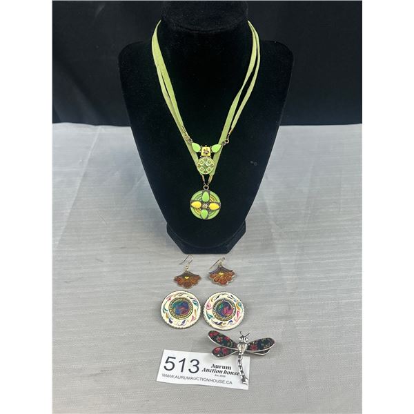 2 Pairs of Vintage Enamel Earrings, Pendant/Necklace and Brooch