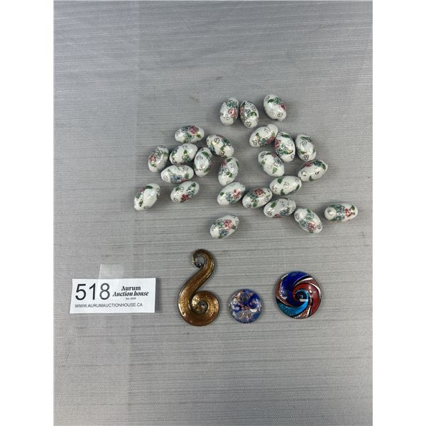 Nice Lot of Handpainted Porcelain Beads and 3 Venetian Glass Pendants