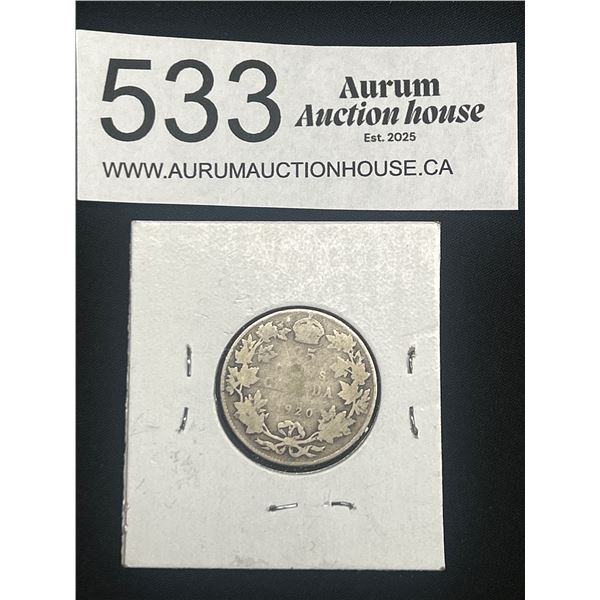1920 Canadian Silver 25 Cent Coin Quarter