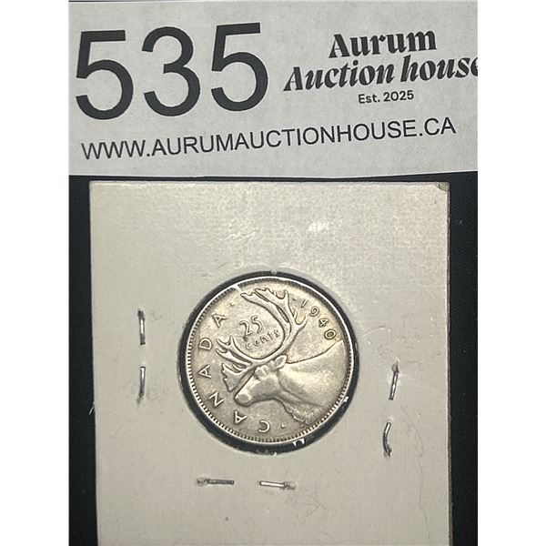 1940 Canadian Silver 25 Cent Coin Quarter
