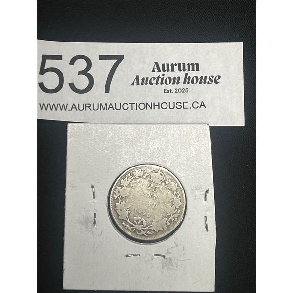 1928 Canadian Silver 25 Cent Coin Quarter