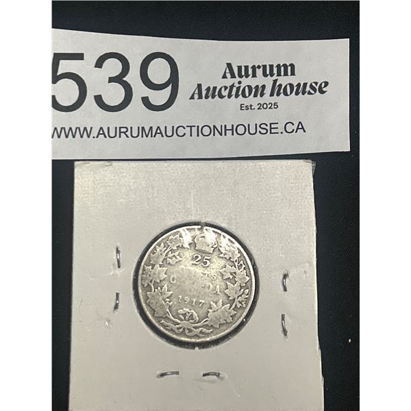1917 Canadian Siver 25 Cent Coin Quarter