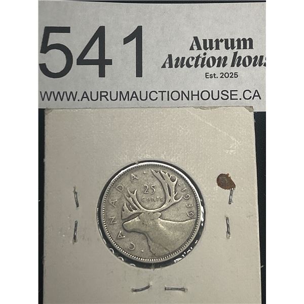 1939 Canadian Silver 25 Cent Coin Quarter
