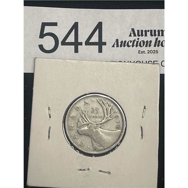 1938 Canadian Silver 25 Cent Coin quarter