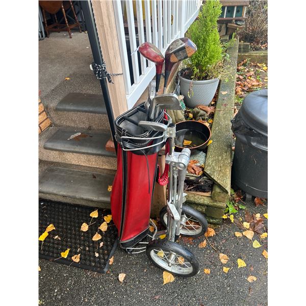 Old Golf Bag and Cart w/ Clubs *No Shipping*