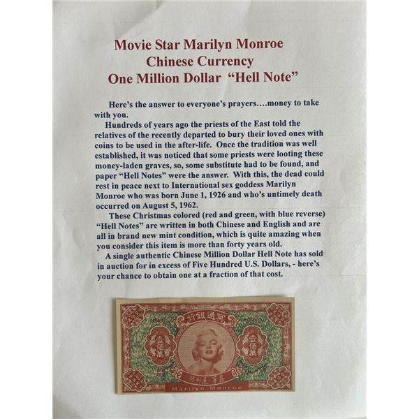 Marilyn Monroe Authentic Chinese Hell Note
