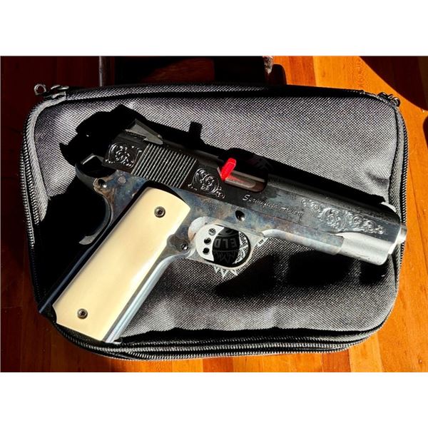 UNLOCK BOX, PREMIUM BOTTLE OF ALCOHOL OR Custom-Made Pearl handle, engraved .45 Auto Pistol