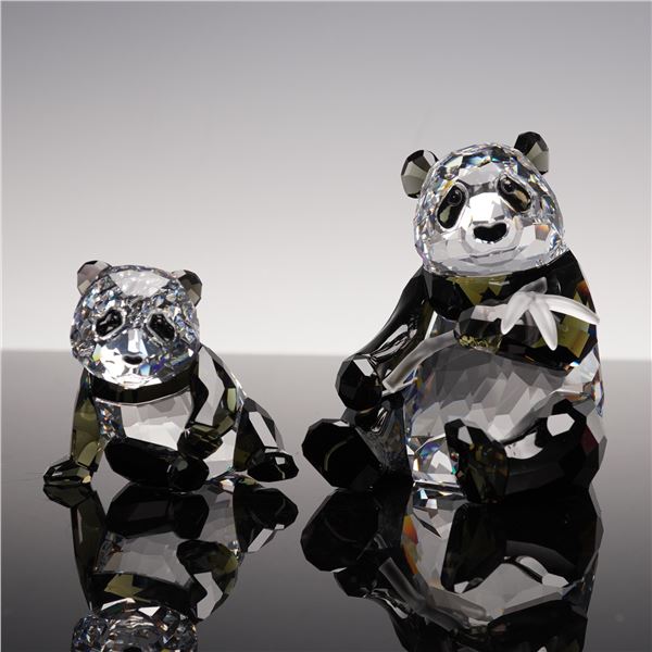 Swarovski Crystal Figurines, Panda Mother with Baby, Signed