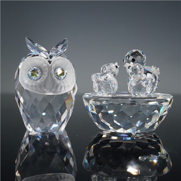 2pc Swarovski Silver Crystal Figurines, Owl and Birds Nest