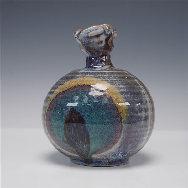 Studio Pottery Vase with Crimped Rim, Signed Raymond