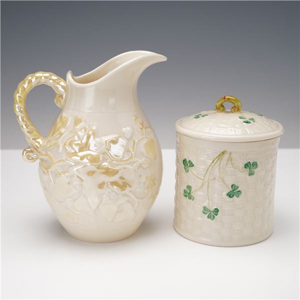 2pc Belleek Porcelain Pitcher and Covered Jar