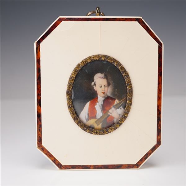 Miniature Portrait of a Young Man Playing a Mandolin in Bone Frame