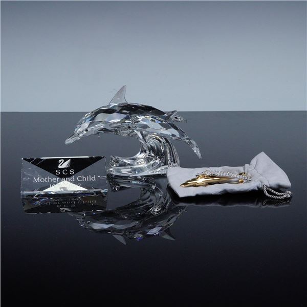 3pc Swarovski Crystal Figurine, Dolphins Mother and Child + Plaque and Pin