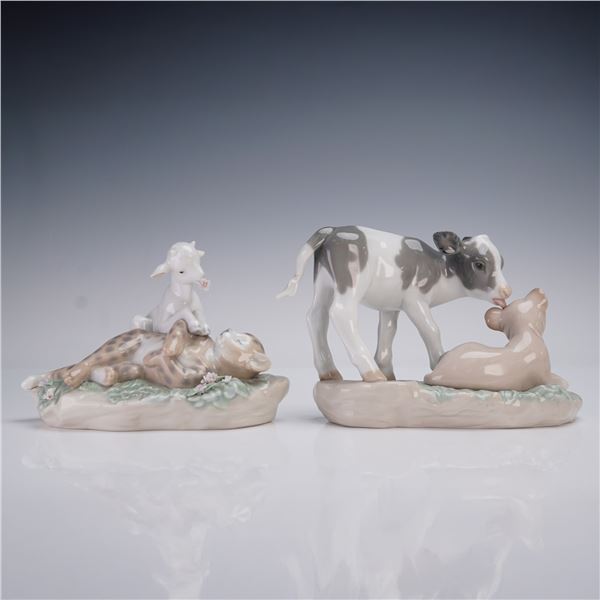 2pc Lladro Porcelain Figurines, Leopard and Lamb 6926 & Calf and Lion 6927
