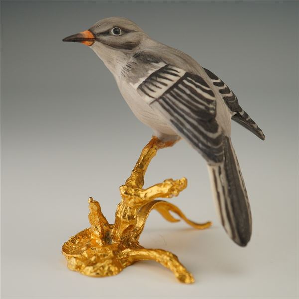 Boehm Miniature Porcelain Figurine, Mockingbird  Perched on Gold Base