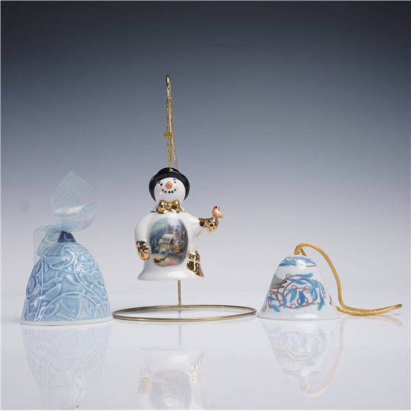 3pc Porcelain Holiday Bell and Snowman Ornament Collection