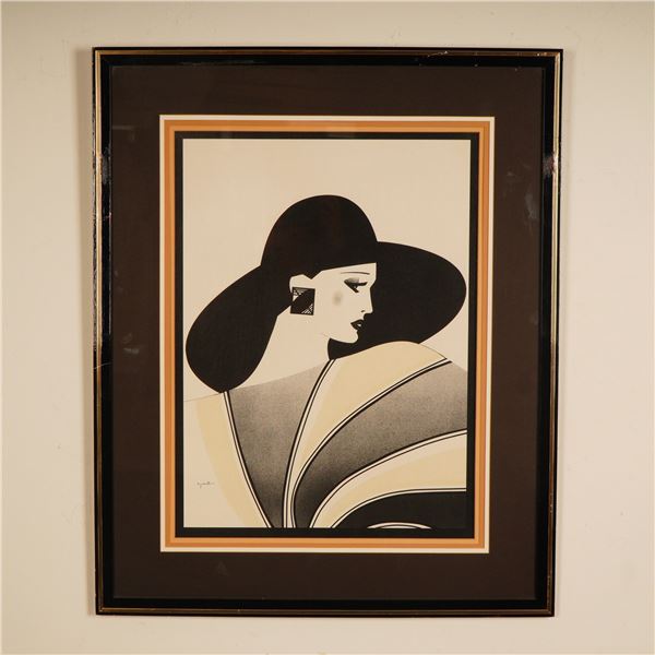Art Deco Revival Framed Poster Portrait of a Chic Lady w/ Hat by Jeannette