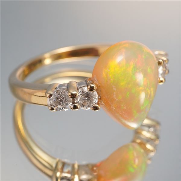 14K Gold Ring with 2.77ct Pear-Shaped Opal and Diamond Accents