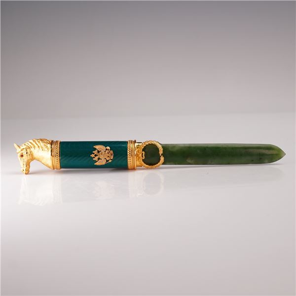 Russian Faberge Style Gilt Silver and Nephrite Letter Opener