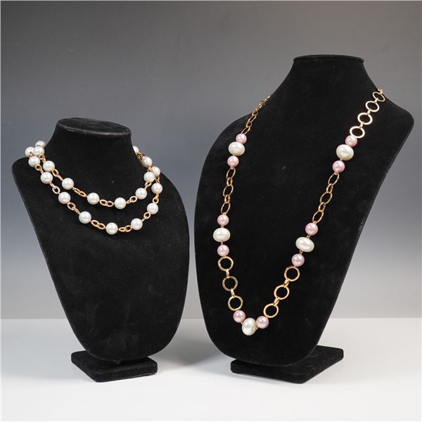 2pc Gold Tone Link Necklaces with Simulated Pearls