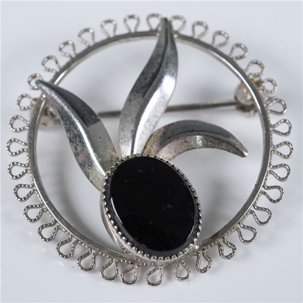 Sterling Silver Floral Brooch with Black Onyx
