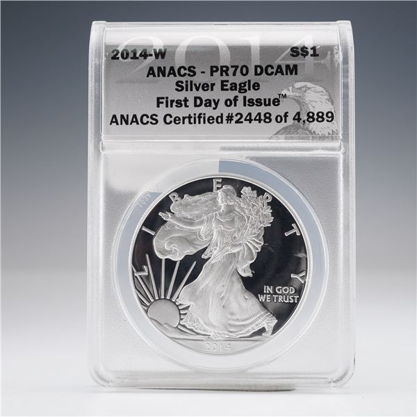 2014-W American Silver Eagle First Day Issue $1 Coin ANACS Graded PR70 DCAM