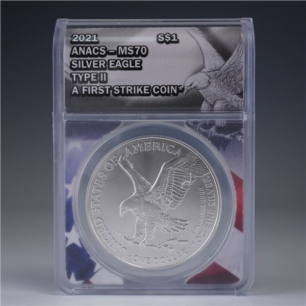 2021 Silver Eagle Dollar Coin, ANACS MS70 Type II First Strike