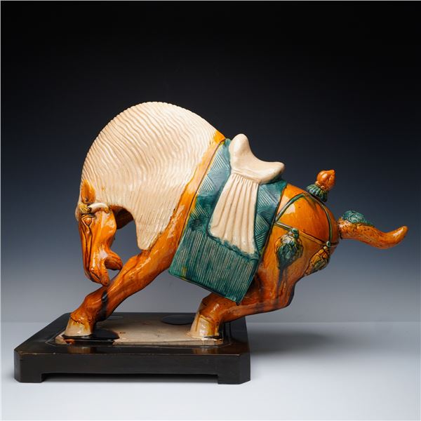 Tang Style Glazed Ceramic Horse Sculpture on Wooden Base