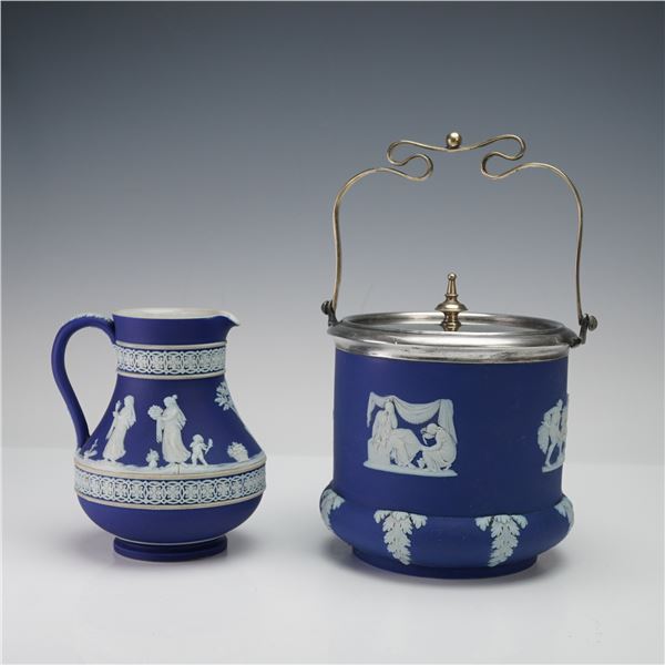 2pc Wedgwood Blue Jasperware Pitcher and Biscuit Jar with Lid