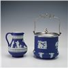 Image 1 : 2pc Wedgwood Blue Jasperware Pitcher and Biscuit Jar with Lid
