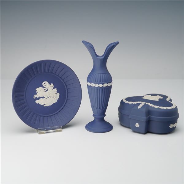 3pc Wedgwood Blue Jasperware Vase, Pin Tray, and Lidded Box