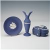 Image 1 : 3pc Wedgwood Blue Jasperware Vase, Pin Tray, and Lidded Box