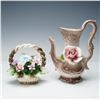 Image 1 : 2pc Capodimonte Ceramic Pink Rose Pitcher and Flower Basket