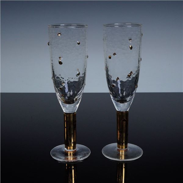 2pc Stephen Smyers Morocco Gold Dot Art Glass Champagne Flutes, Signed