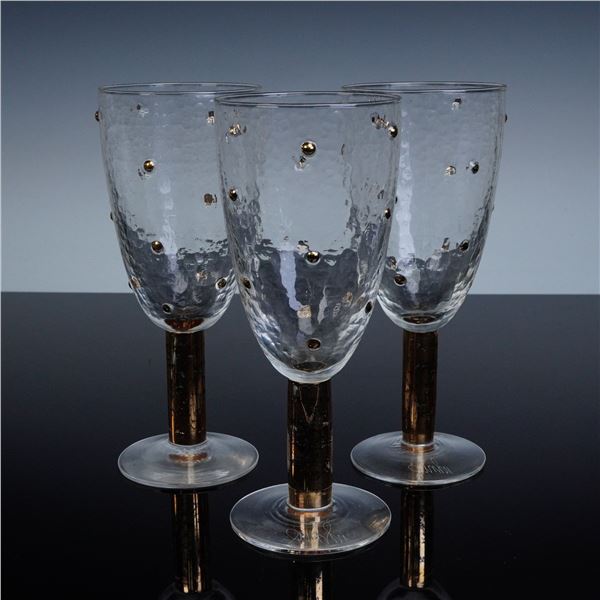 3pc Stephen Smyers Morocco Gold Dot Art Glass Goblets, Signed