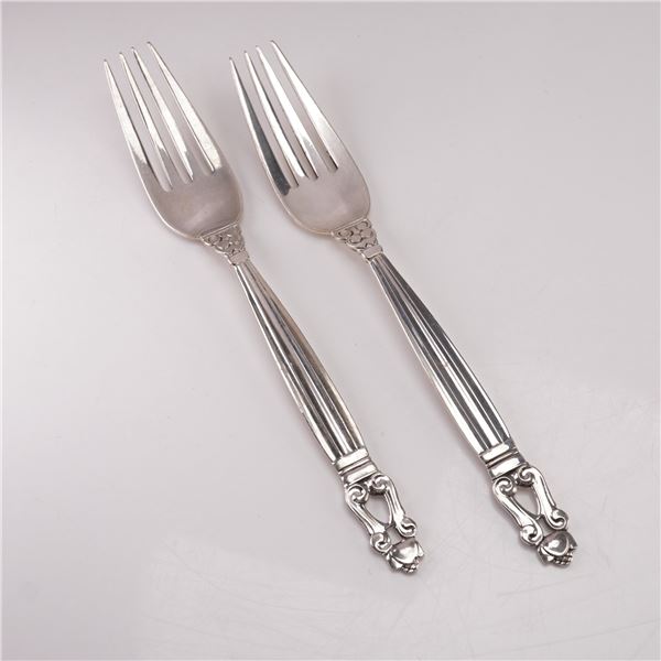 2pc Georg Jensen Sterling Silver Dinner Forks, Acorn