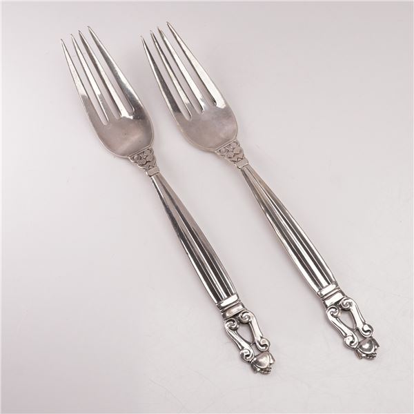 2pc Georg Jensen Sterling Silver Dinner Forks, Acorn