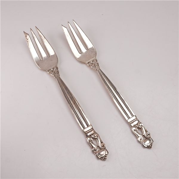 2pc Georg Jensen Sterling Silver Pastry Forks, Acorn