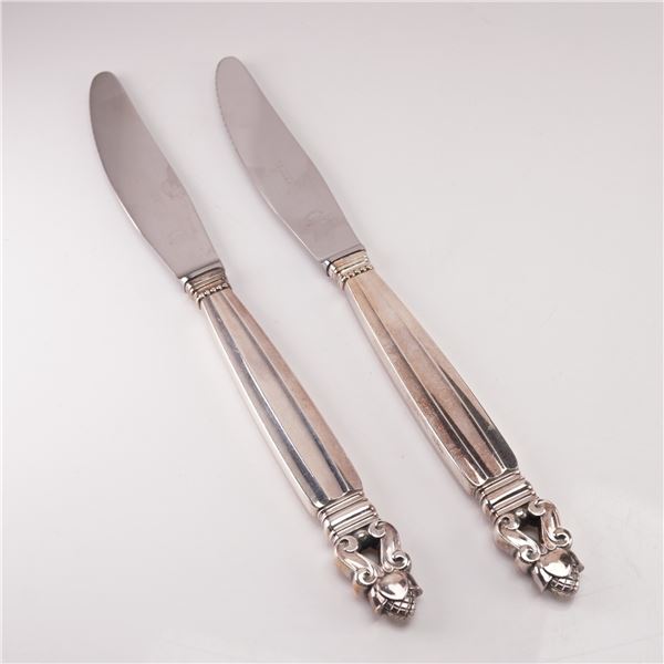 2pc Georg Jensen Sterling Silver Stainless Steel Dinner Knives, Acorn