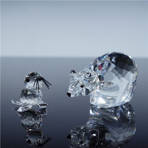 2pc Swarovski Crystal Figurines, Polar Bear 013747 and Mini Seal 012530