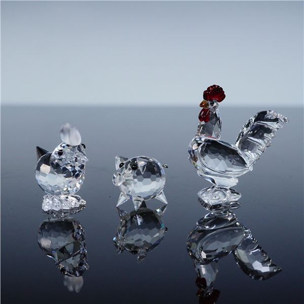 3pc Swarovski Crystal Figurines, Cockerel, Mini Hen, and Mini Pig